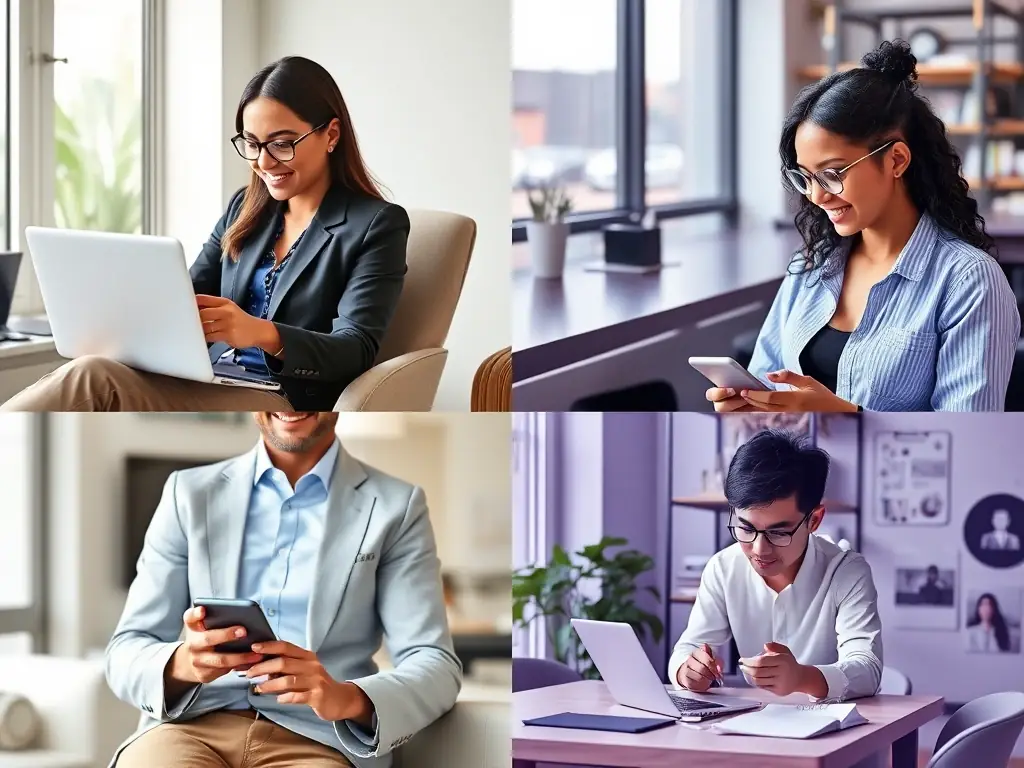 A diverse team of sales agents using the AGORA mobile app in various remote settings, showcasing the platform's flexibility and accessibility.
