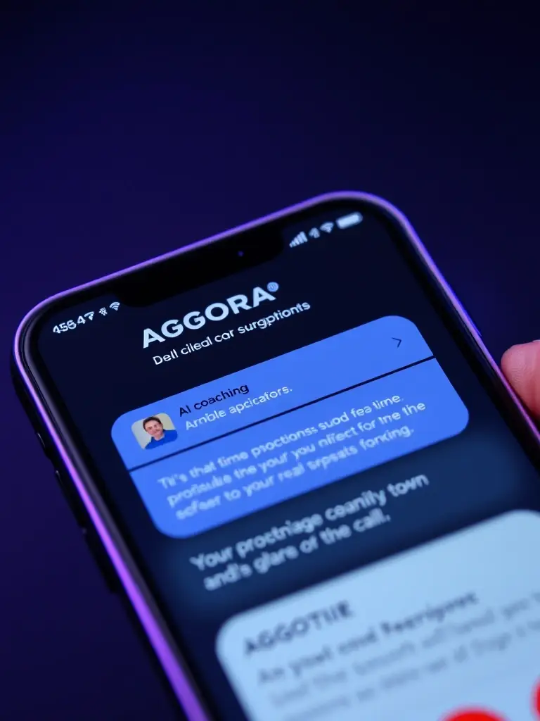 A screenshot of the AGORA mobile app interface, highlighting the real-time AI coaching feature with suggestions for the agent during a call.